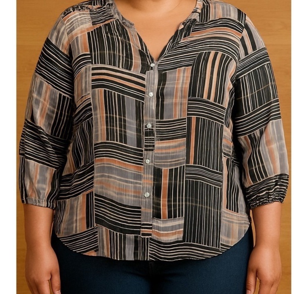 Ulla Popken Abstract Stripe Button Down Blouse Plus SZ